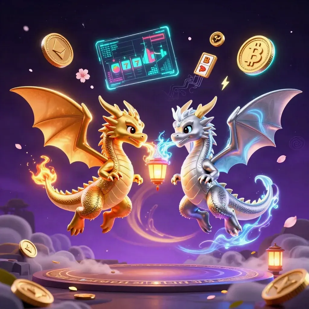 Gold and silver dragons spiral in a neon casino scene with coins, runes, and magical effects.