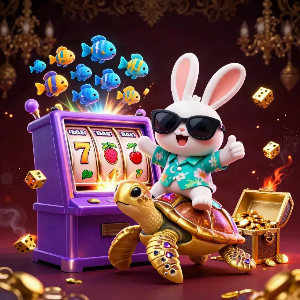 Lucky rabbit riding a jeweled sea turtle with slot symbols, gold sparks, and casino glow.