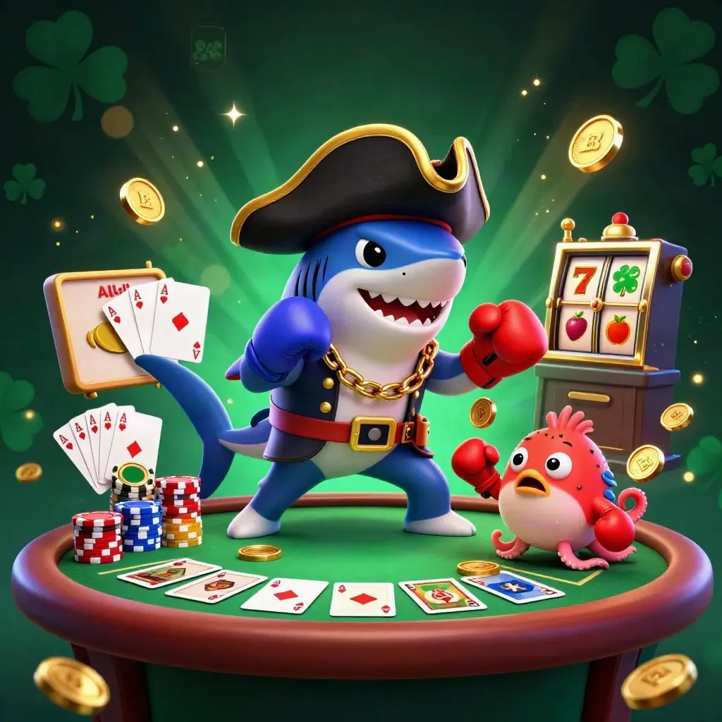Pirate shark, boxing pufferfish, and coin-juggling octopus amid casino chips and glowing reels