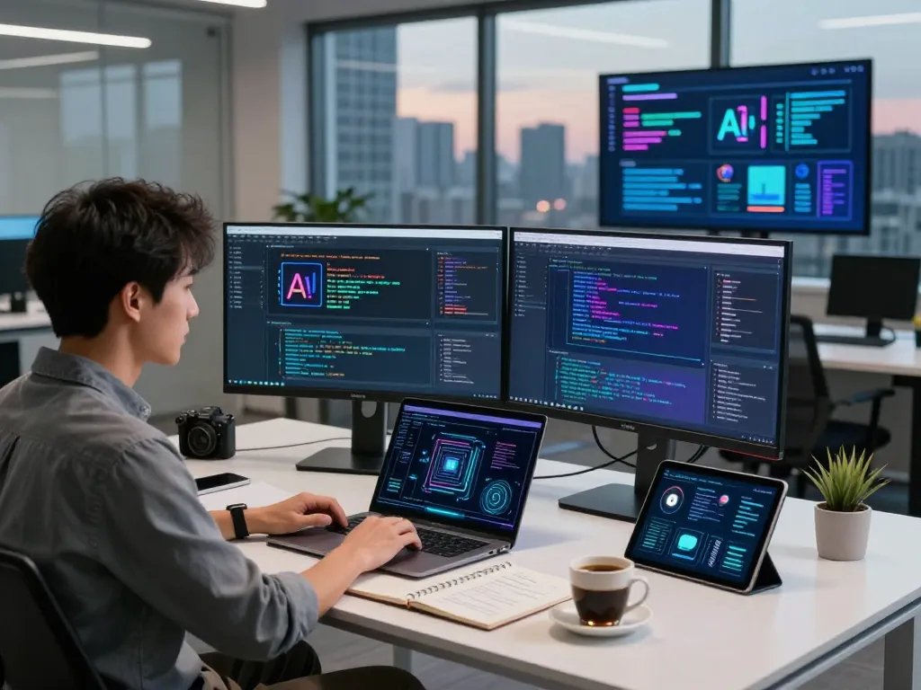 Software engineer developing juicy ai algorithms in a modern tech workspace with vibrant screens and notebooks.