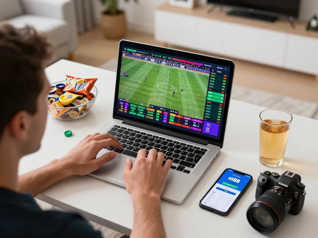 Engaging in live sports betting on n188 with laptop and smartphone setup.