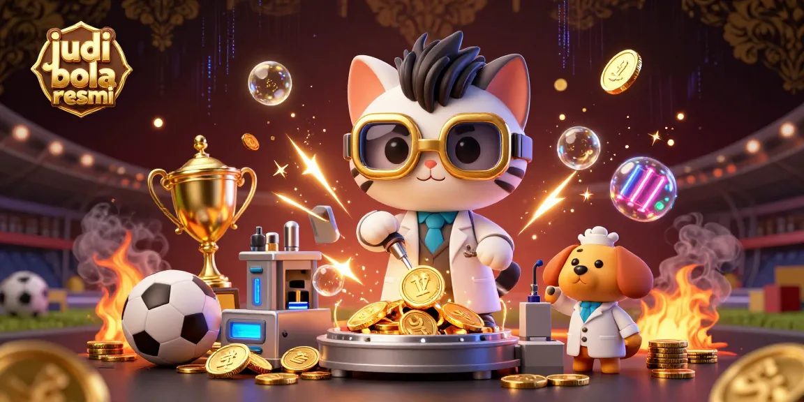 Engage in judi bola resmi excitement with a cartoon scientist and dog surrounded by betting tokens and sports elements.