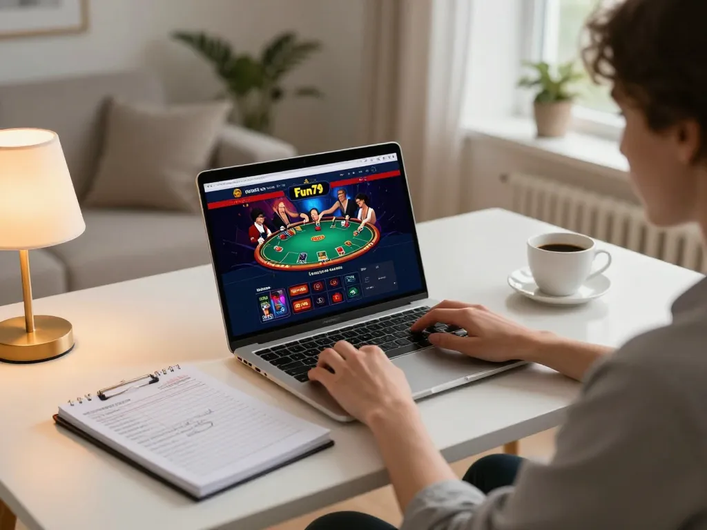 Gameplay on trang chủ fun79 with vibrant poker visuals on a laptop, set in a cozy home environment.