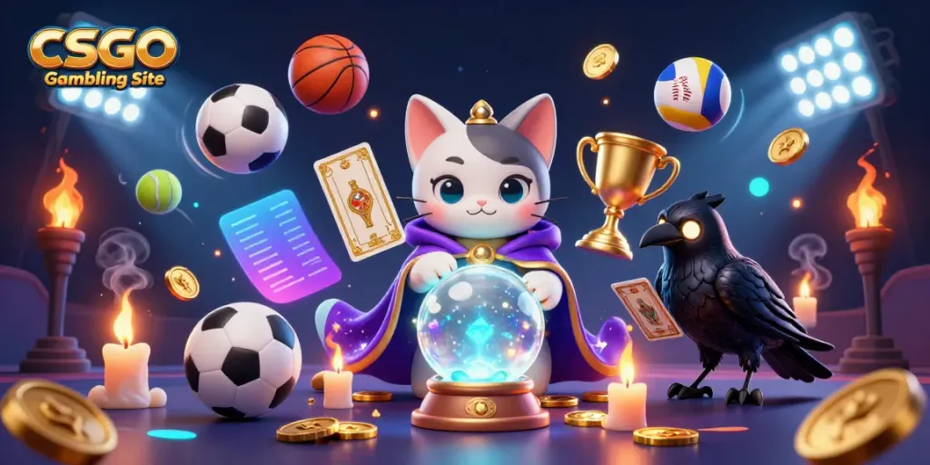 An energetic scene of a mystic fortune teller cat and a tarot-card raven illustrating the CSGO Gambling Site theme.