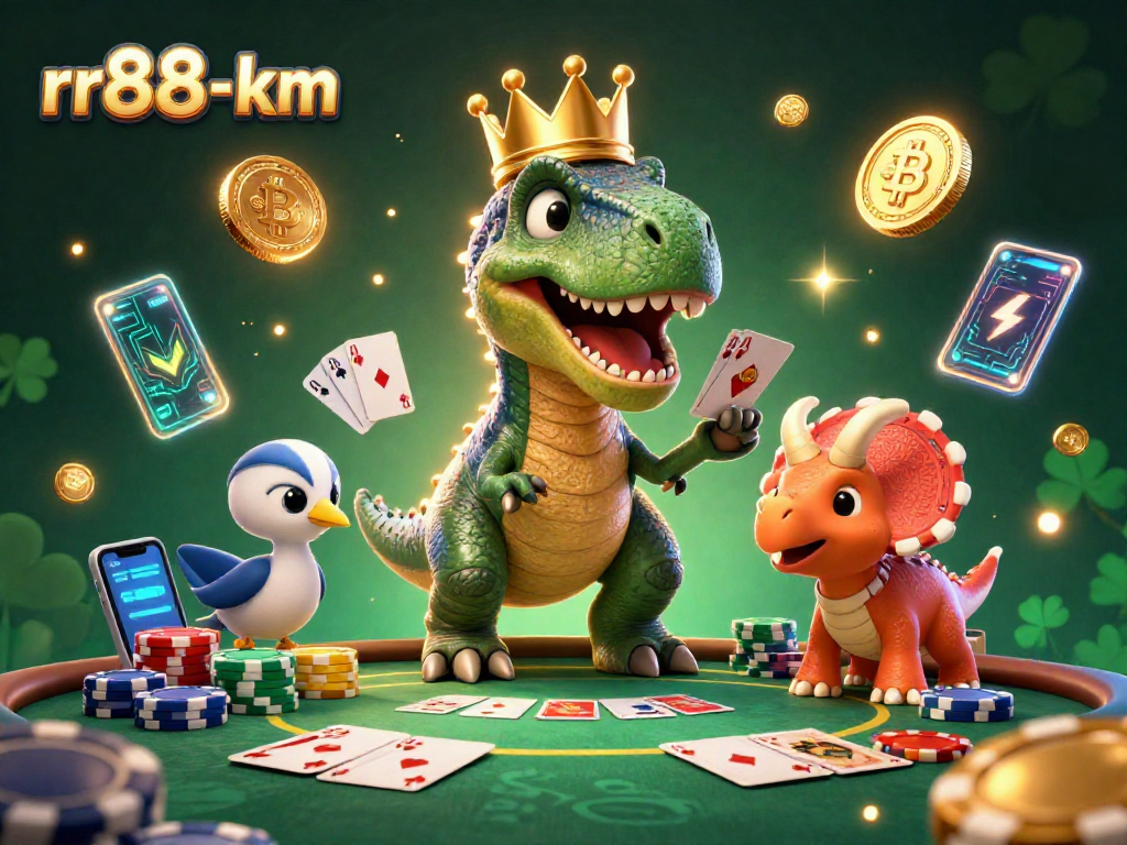 Engage in dynamic poker action at rr88-km with a T-Rex and friends surrounded by vibrant casino elements.