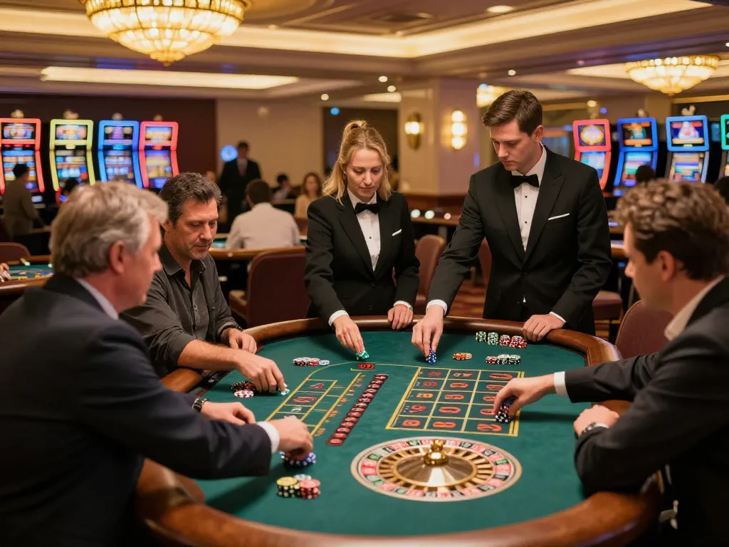 Engaging scene at nhà cái sin88 roulette table, players intensely gambling with vibrant chips and croupiers managing bets