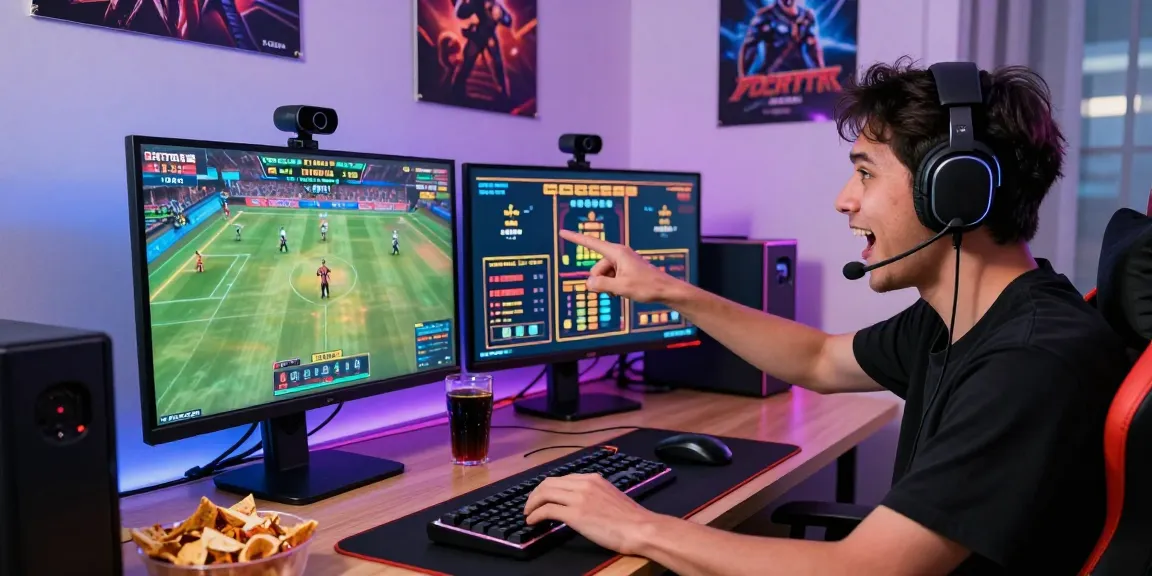 Engaged gamer using Playexch247 for sports and casino betting in a vibrant home office