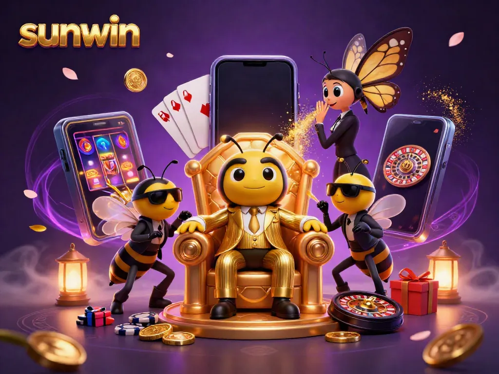 Experience the thrilling world of sunwin with a dynamic cartoon scene of a bumblebee mob boss and casino elements;