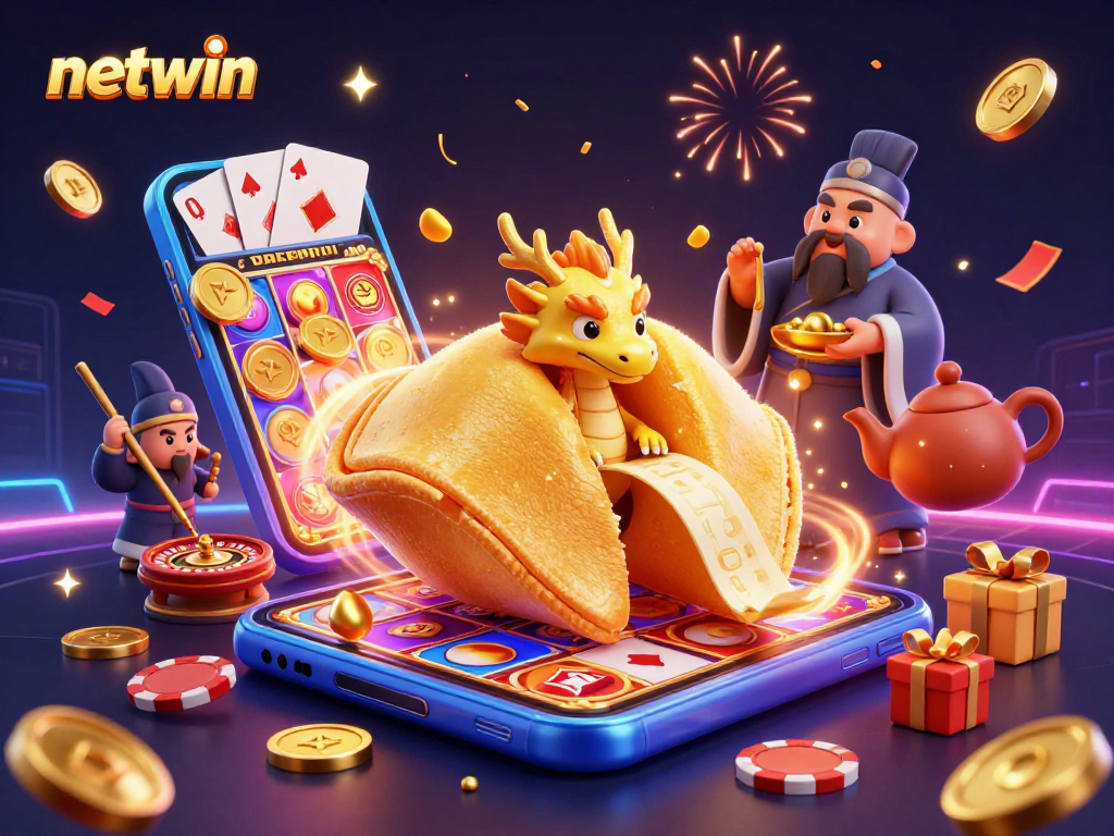 Win big at Netwin with a thrilling slot game showdown featuring a wise dragon and celebratory elements.