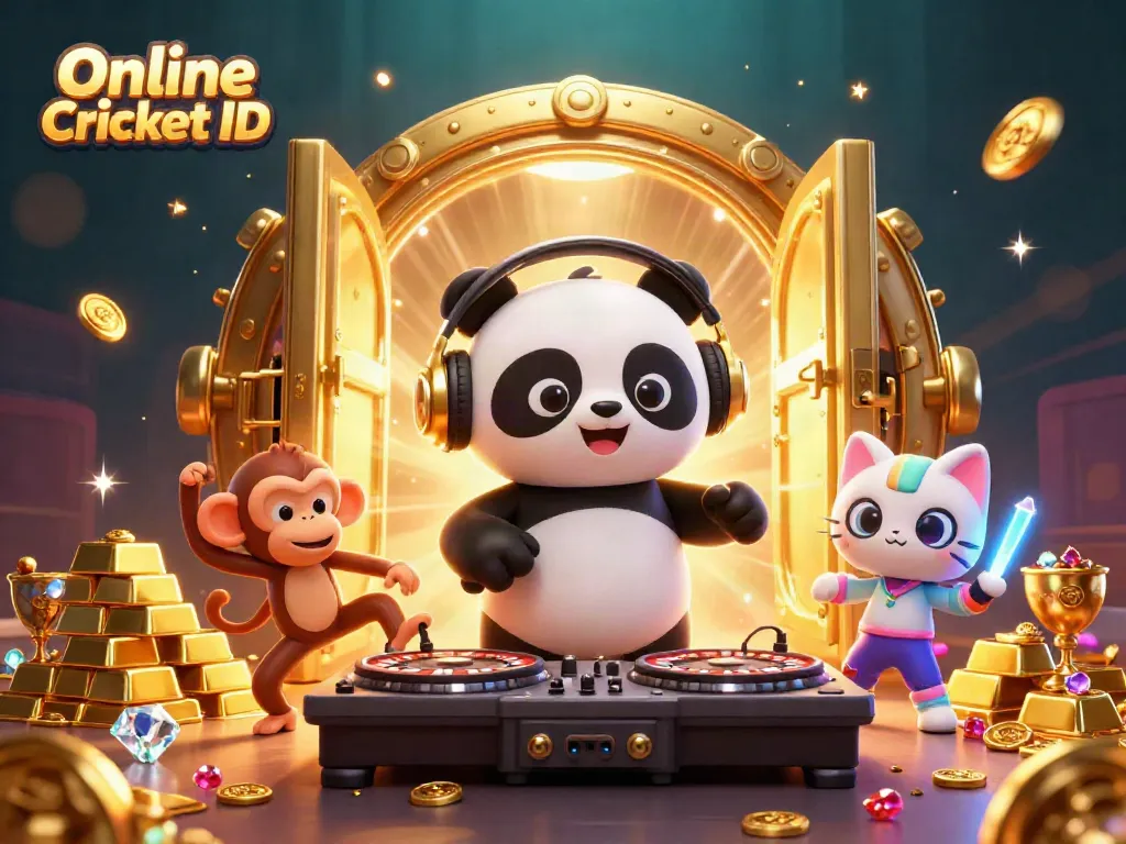 Experience the action of placing bets with an Online Cricket ID as a DJ panda spins alongside vibrant characters in an exciting scene.