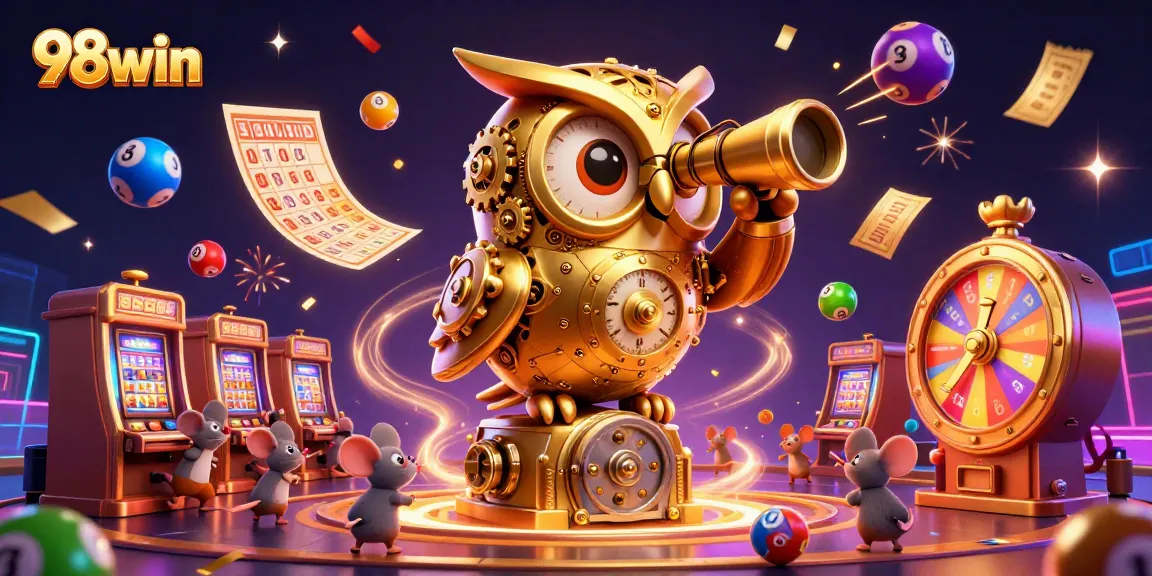 Engage with 98win's vibrant casino atmosphere featuring a clockwork owl and lively gaming elements.