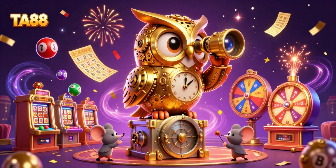 Engage in thrilling gaming at TA88 with a golden owl overseeing a dynamic casino scene.