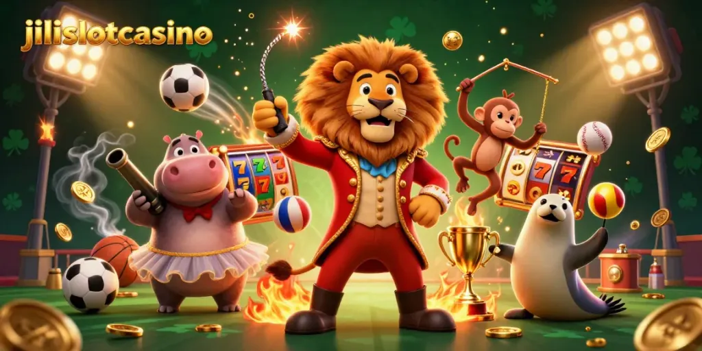 Play dynamic games at jilislotcasino with thrilling characters surrounded by vibrant slot elements.