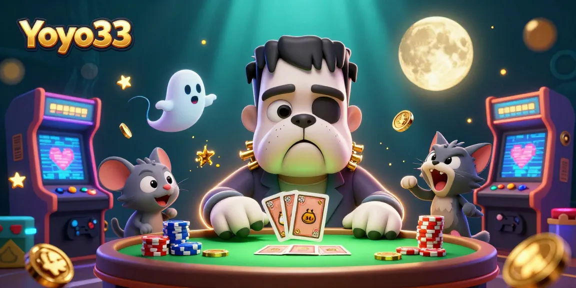 Yoyo33 unique casino scene featuring a Frankenstein bulldog dealer with fun gaming elements