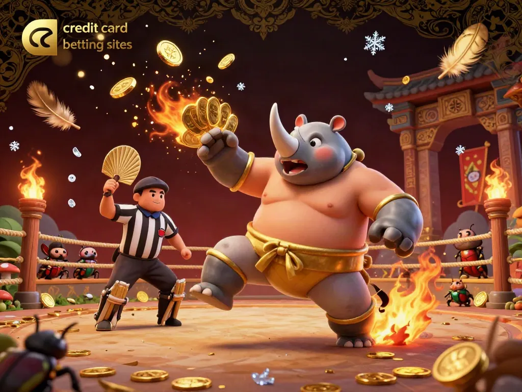 Experience the excitement of credit card betting sites with a dynamic, colorful 3D scene showcasing a beetle champion and thrilling casino elements.