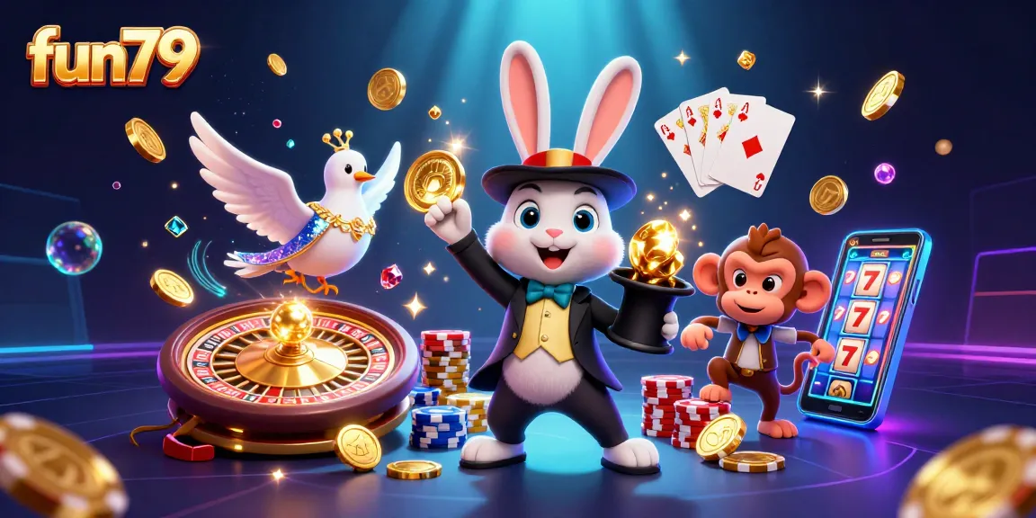 Win big with fun79 while enjoying a vibrant 3D casino scene featuring magical characters and gambling action.