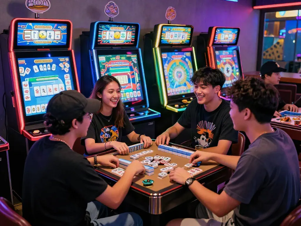 Penggemar mahjong slot bersenang-senang di lounge bermain dengan latar pencahayaan LED cerah.