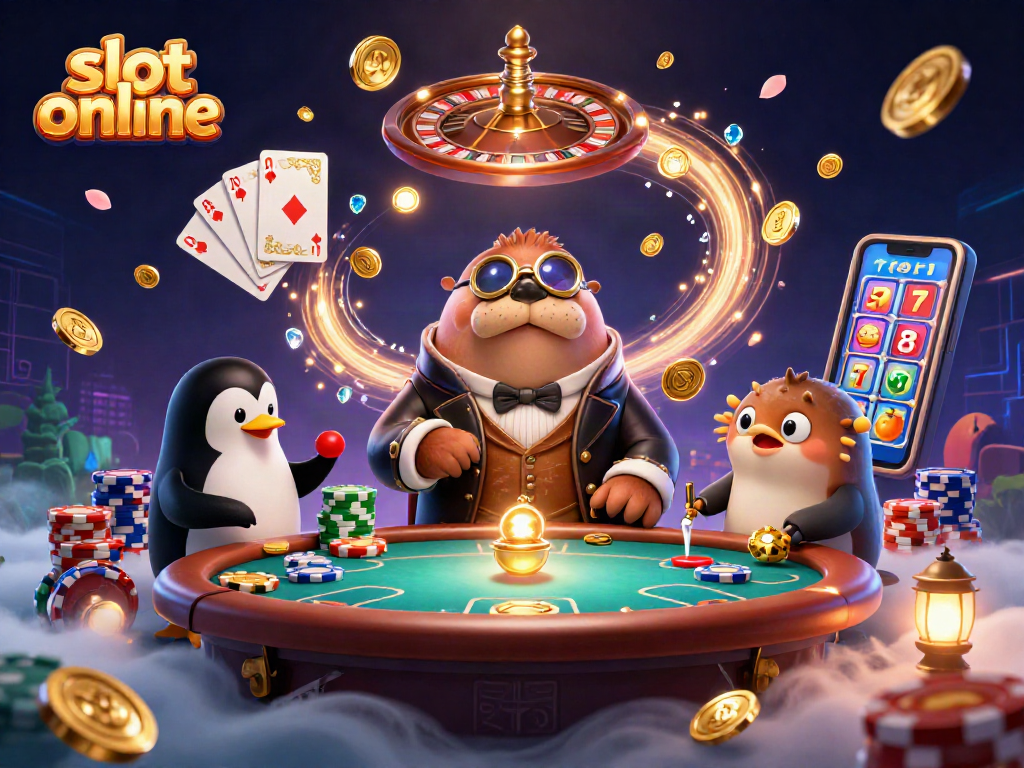 Experience slot online action with a jolly walrus and casino elements in a vibrant scene.