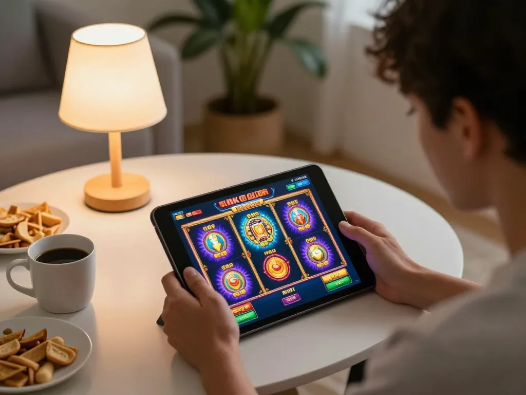 Engaging session with link gacor online slots on tablet, cozy home setting.