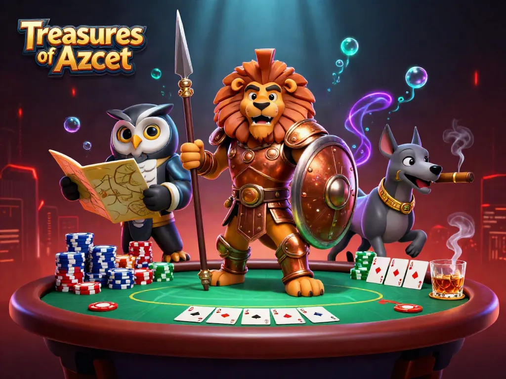 เล่นสล็อต Treasures of Aztec โดยมีสิงโตนักรบและนกฮูกวางแผนในการฉลองชัยชนะ