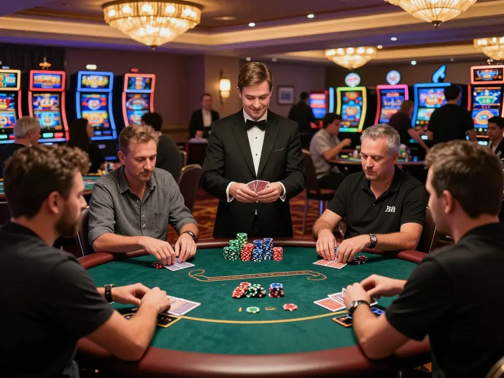 Engaged players enjoying poker at XX88 casino, shuffling cards and placing bets in vibrant atmosphere