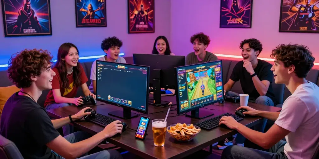 Friends enjoying an exciting slot gacor game at home with vibrant lighting and snacks.