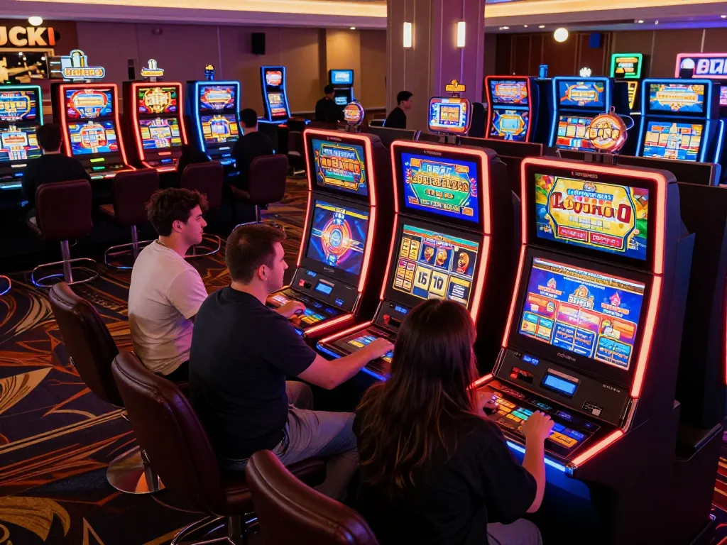 Players enjoying vibrant slot machines at Luck8 casino, showcasing engaging gameplay and excitement.