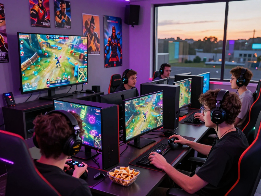 Group of gamers enjoying rokok88 in a vibrant gaming setup with LED lights