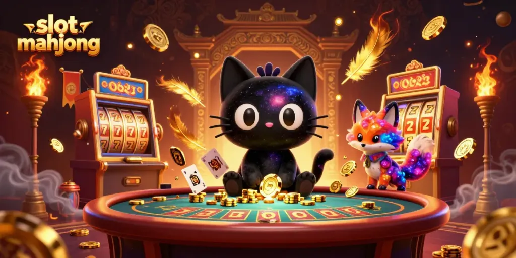 Experience excitement and winning with slot mahjong as a cosmic cat pulls in golden chips at a vibrant casino.
