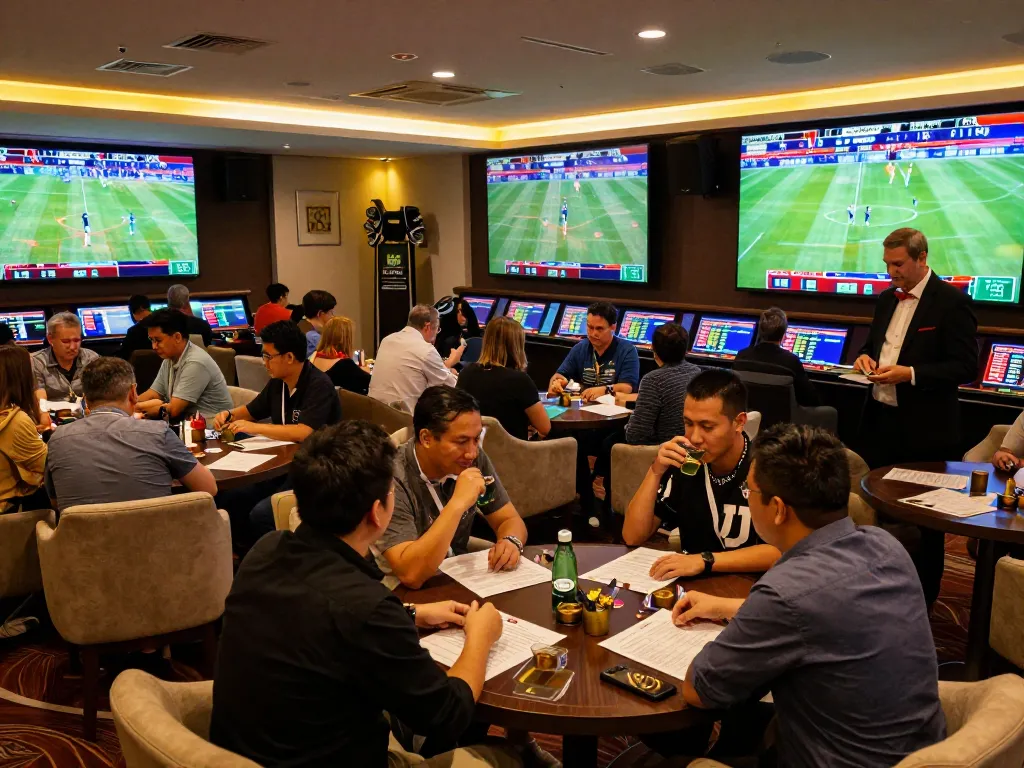 Experience the excitement of Jun88 sports betting in a vibrant lounge filled with bettors analyzing odds.