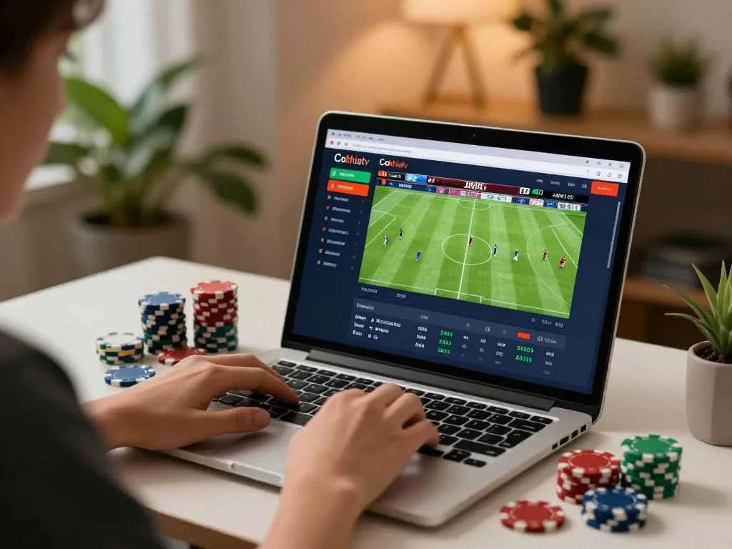 Engaging with footbal stream Cakhiatv on laptop, showcasing vibrant online betting interface for passionate football fans.
