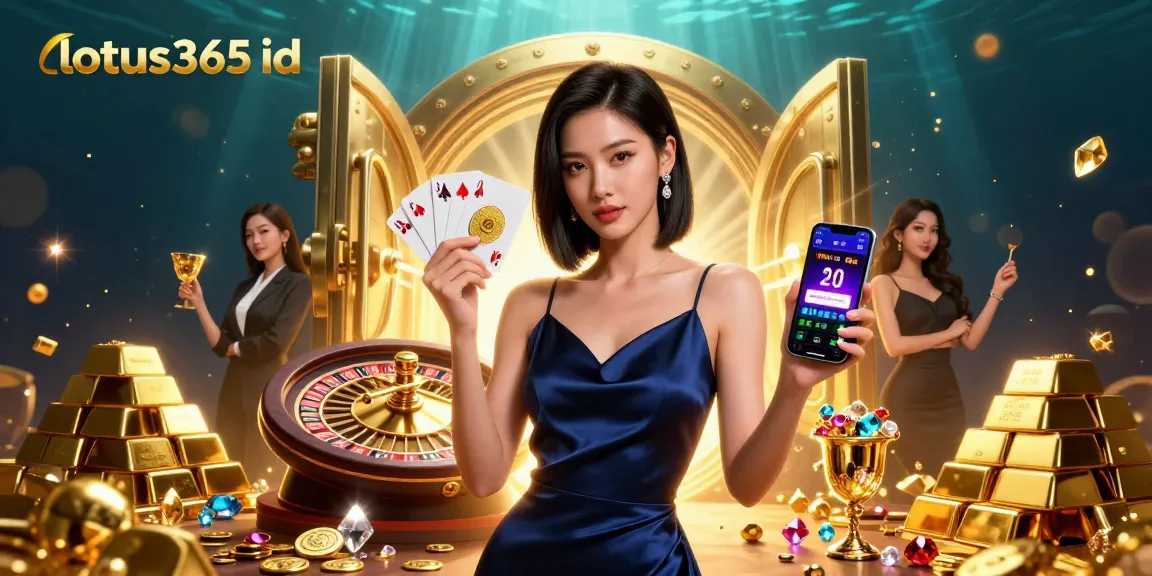 Engage with lotus365 id through this vibrant casino illustration showcasing an Asian woman holding a smartphone.