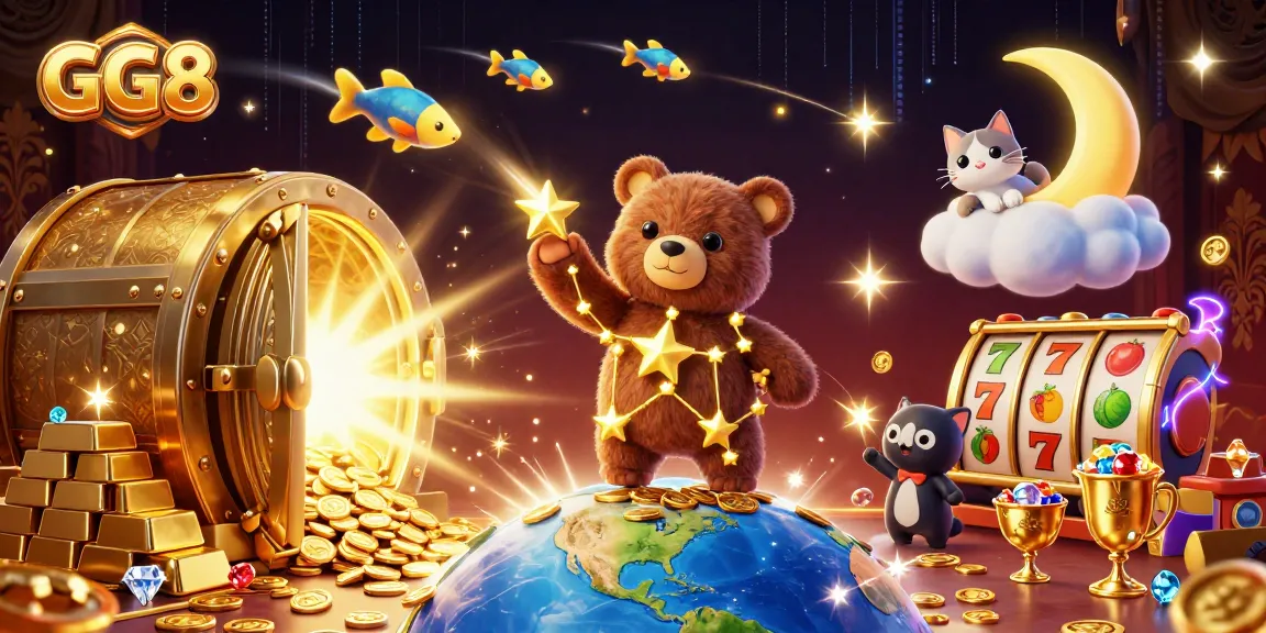 Engage with GG8 in this vibrant 3D casino illustration featuring dynamic characters and rich slot elements.