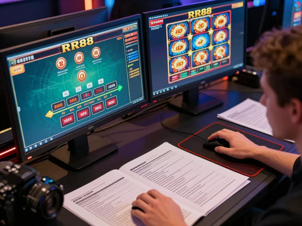 Player strategizing at dual monitors showcasing RR88 online casino games during an intense gaming session.