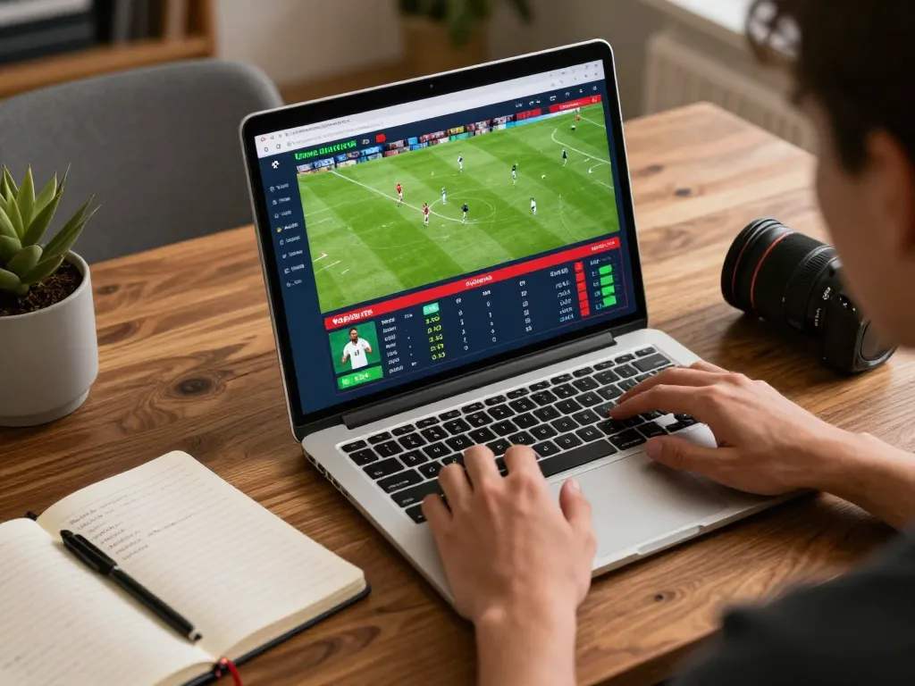 Person engaging in keonhacai online betting, analyzing live odds on laptop, showcasing strategic gaming.