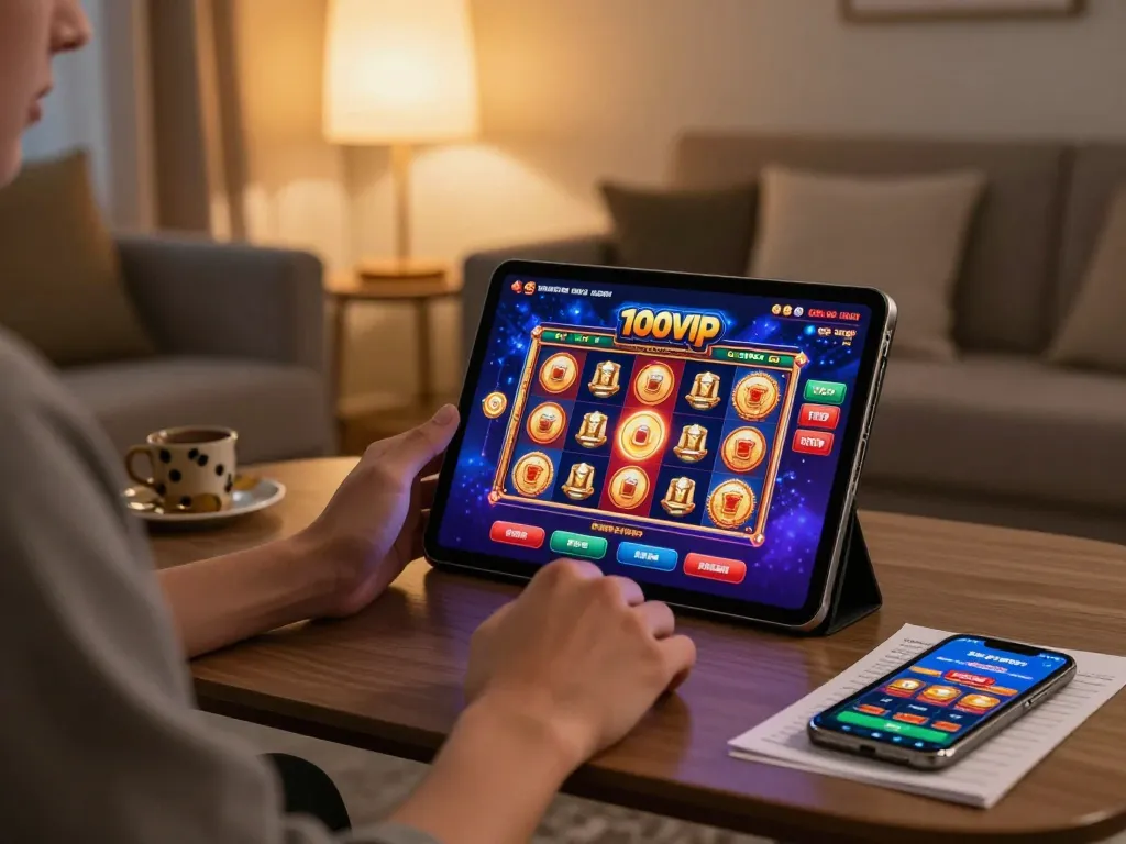 Person enjoying online gaming on a tablet with the 100vip co app, surrounded by cozy home decor.