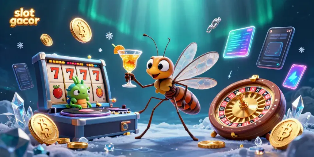 Experience slot gacor with a lively scene featuring crypto elements and unique casino characters.