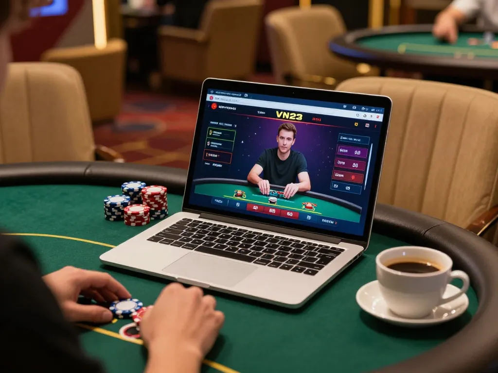 Engaged player using VN23 online casino interface on laptop while enjoying a cozy home setup.