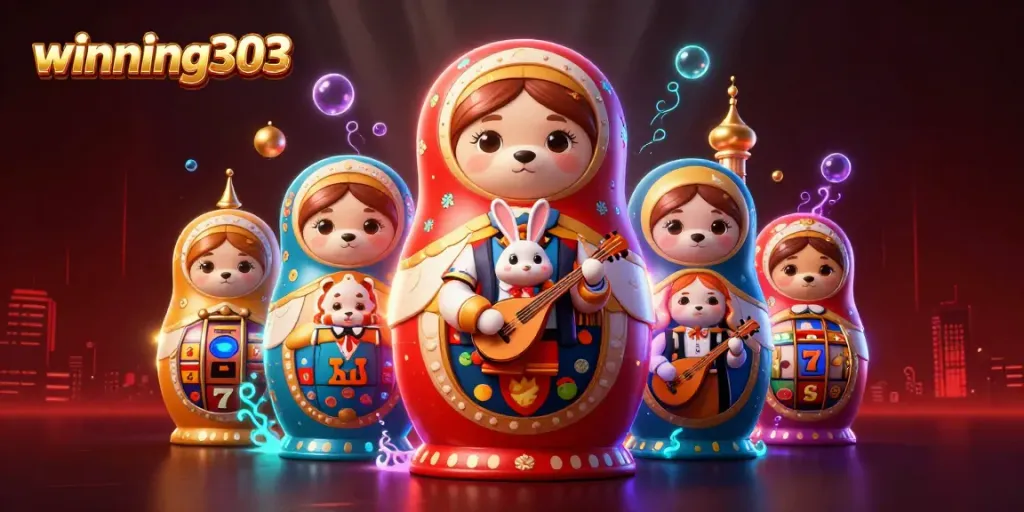 Winning303 showcases dynamic casino elements with a playfully animated illustration of characters and slot game features.