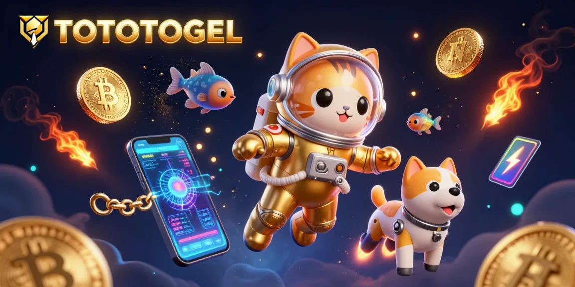 Experience exhilarating gameplay on TOTOTOGEL with a vibrant 3D illustration of astronauts, crypto elements, and game symbols.