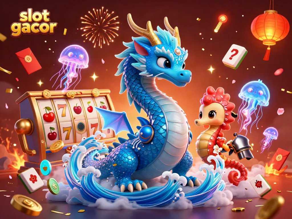 Experience the vibrant world of slot gacor with a 3D dragon and seahorse knight amidst colorful slots and fireworks.