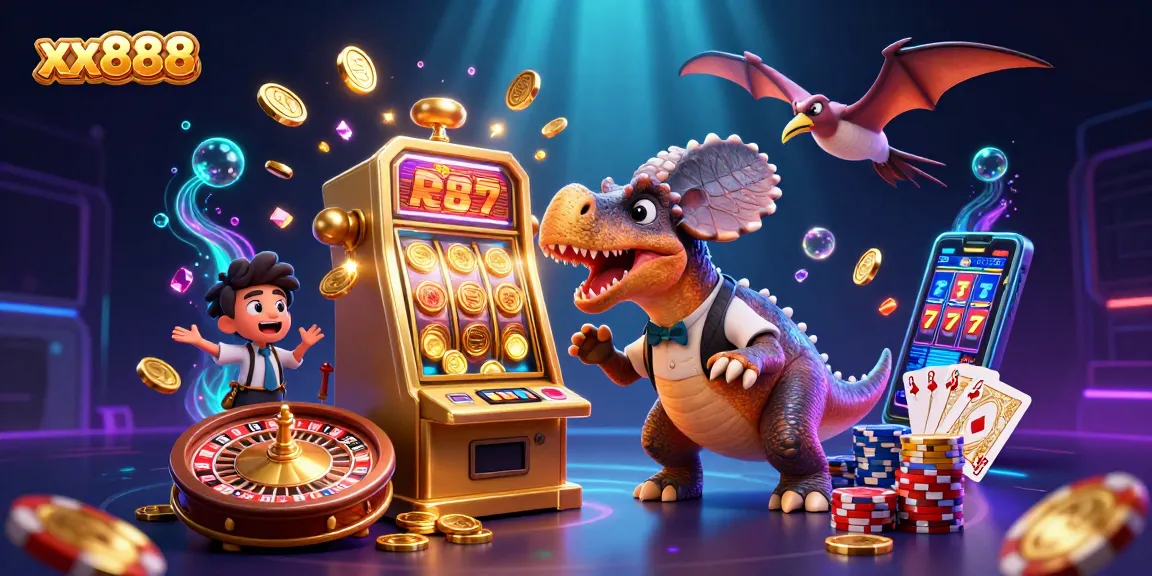 Win big with xx888 as a cartoon dinosaur interacts with slot machines and coins flying everywhere.