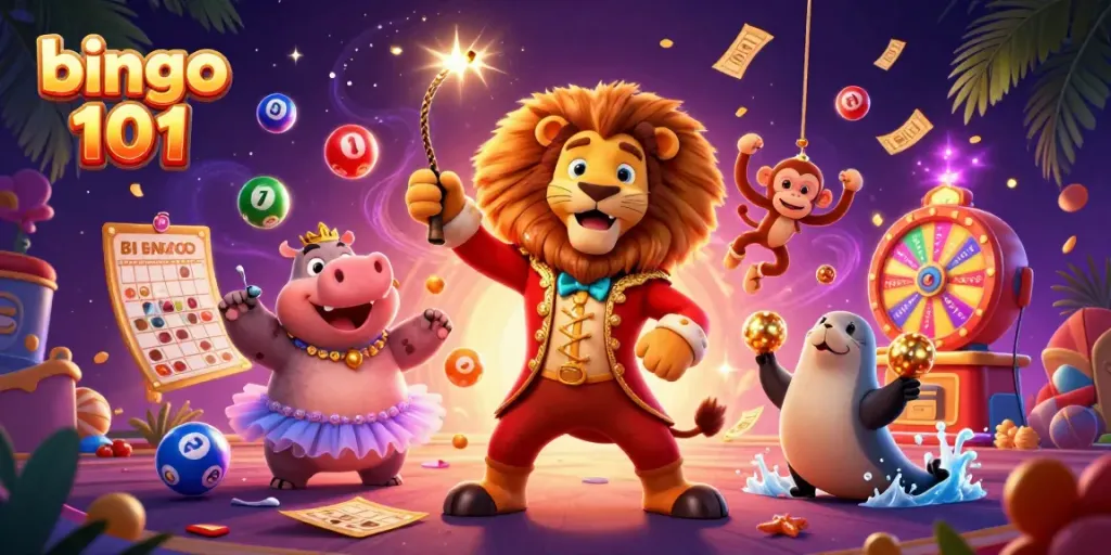 Bingo 101 illustration featuring a dynamic circus-themed scene with vibrant characters and casino elements.