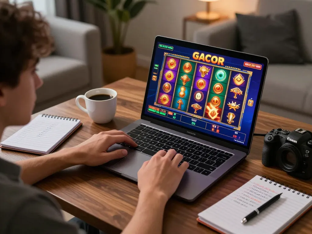 Pemain yang terlibat menguji link slot gacor di laptop di tengah pengaturan rumah yang nyaman, menampilkan suasana taruhan yang strategis.