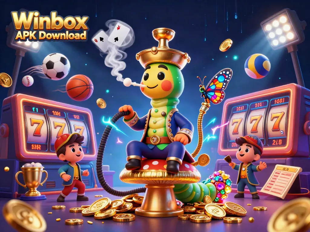 Winbox APK Download showcases a lively 3D casino scene with unique characters and gaming elements.