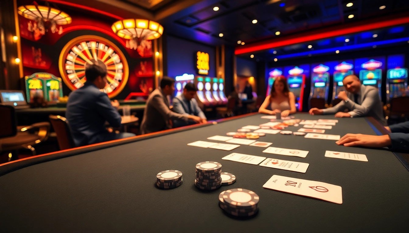 Exciting gaming experience at 99ok casino with poker table, chips, and roulette.