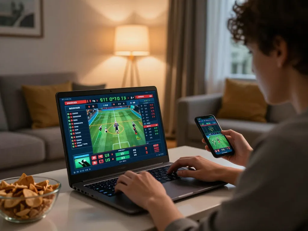 Engaged player analyzing go89 sports betting odds on a laptop in a cozy living room.