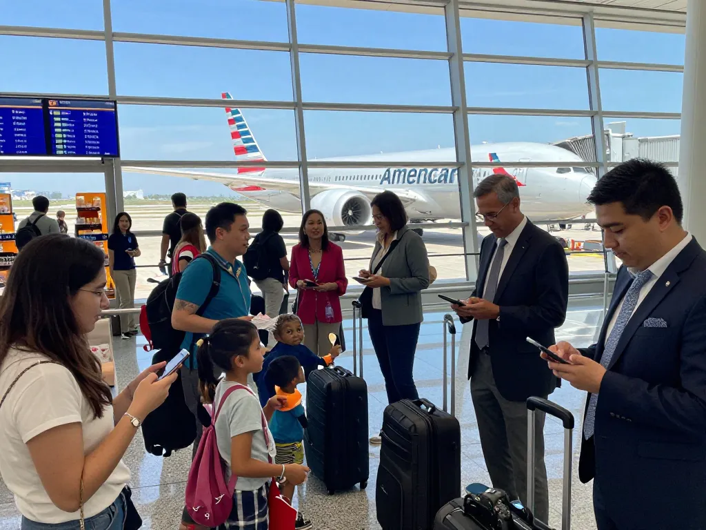 Excited travelers awaiting their flight on the American Airlines 789P Dreamliner at the airport.