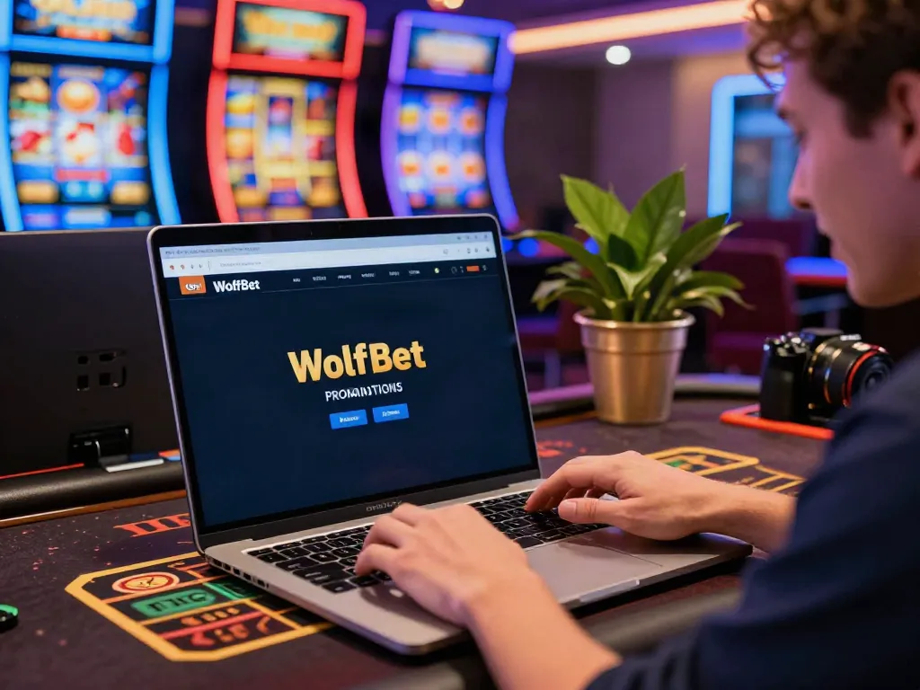 Engaging scene of a player on the Wolfbet Promotions Page showcasing dynamic online gambling activities and bonuses.