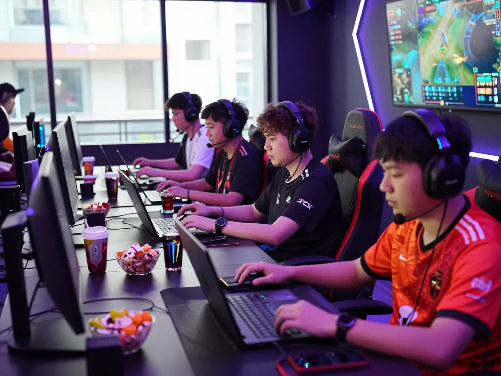 Intense gaming atmosphere featuring players with laptops and gear, highlighting sunwin9 cocom gaming experience.